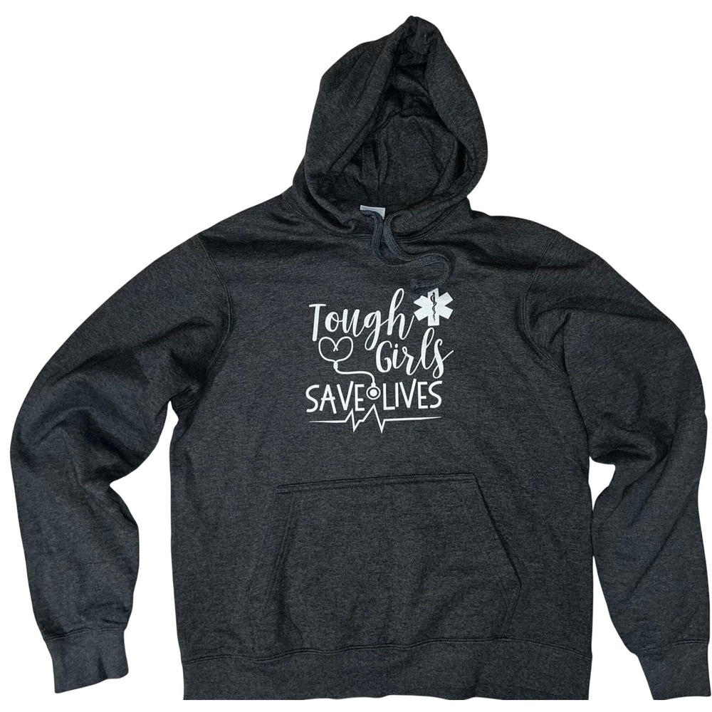 Port & Company Tough Girls Save Lives Dark Gray Hoodie Sweatshirt Women's Medium